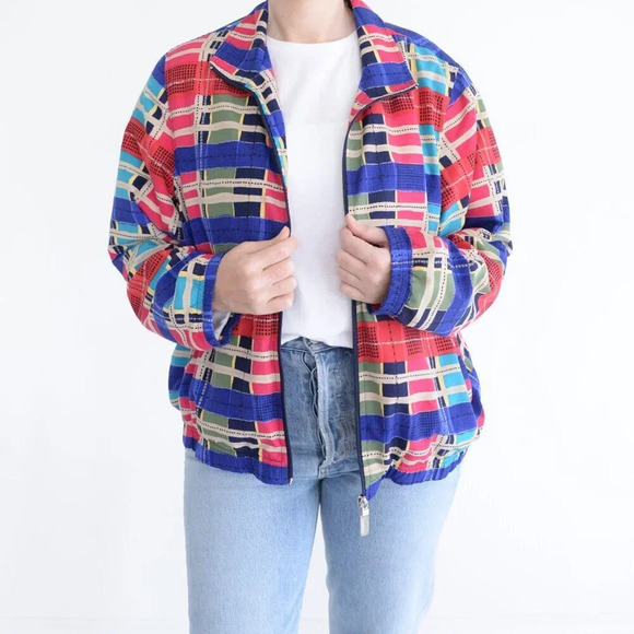 Vintage 90'S  Koret Pink & Blue Checker Pattern Zip Up Bomber Jacket L - Picture 2 of 12